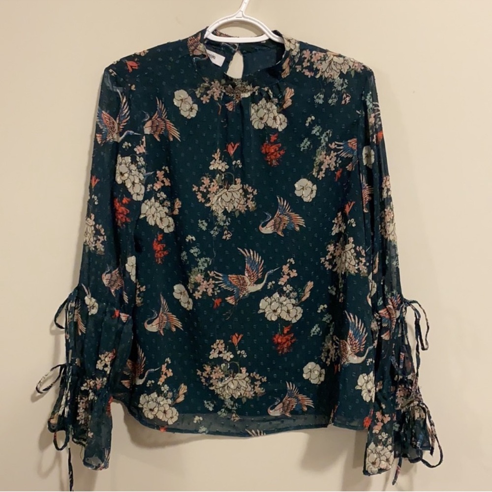 Kensie Blue Tie Front Blouse with Mandarin Collar